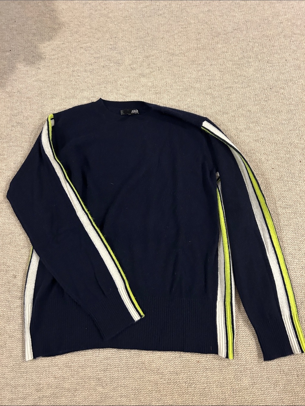 Aqua Cashmere Navy Crewneck Sweater with White and Neon Lime Stripes